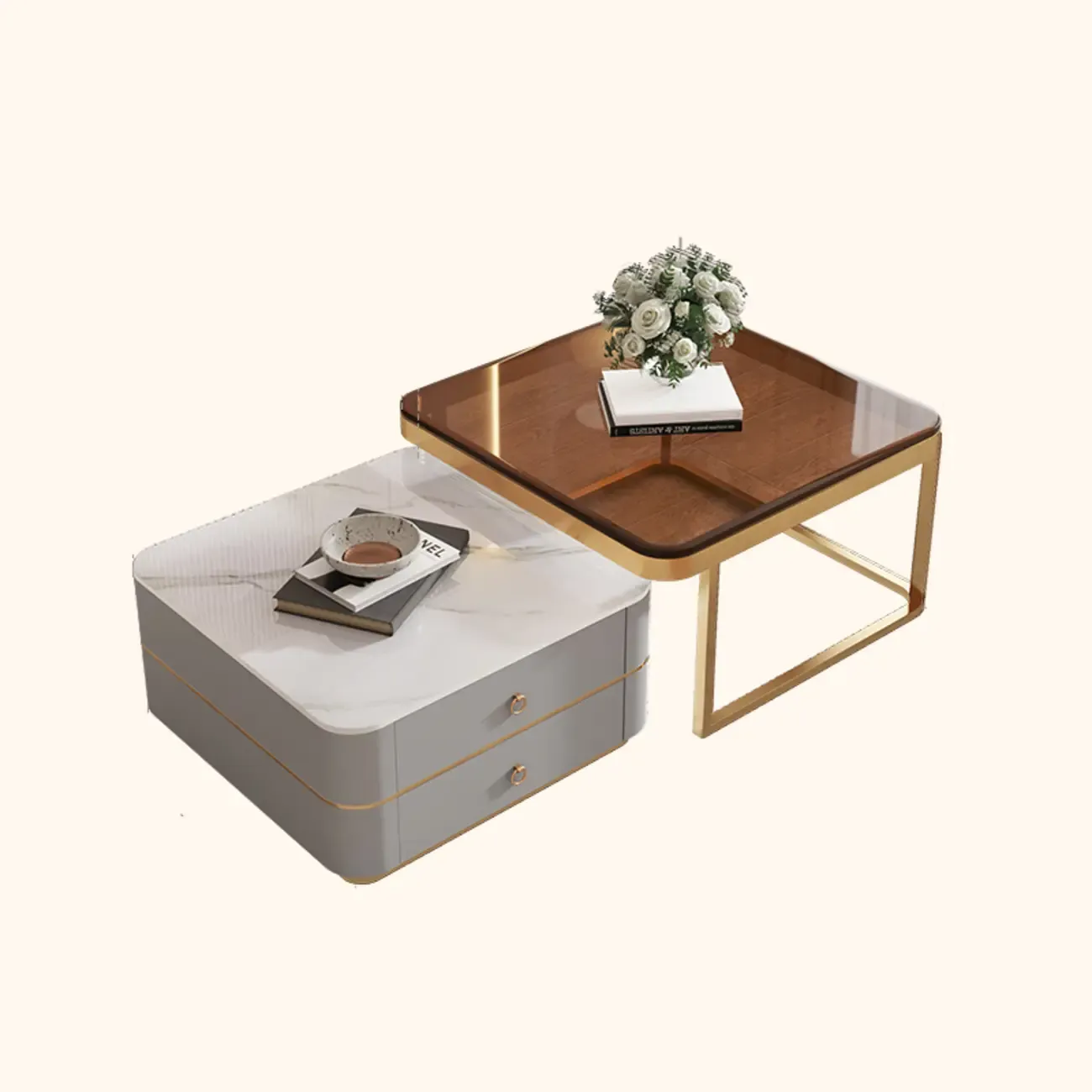 Modern Rectangular Marble Coffee Table Set with Drawers