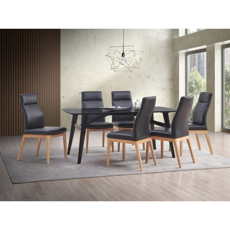 Side Chair (Set-2), Black Leather & Walnut Finish