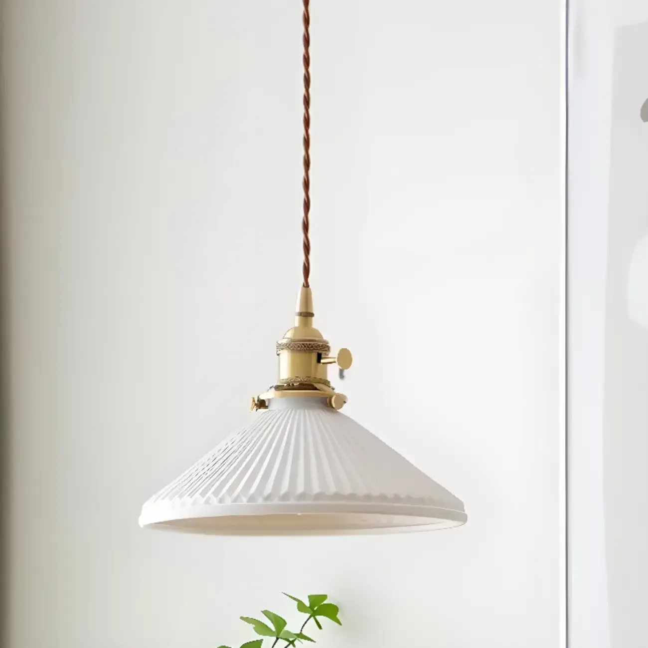 White Ceramics Pleated Cone Hanging Pendant Light