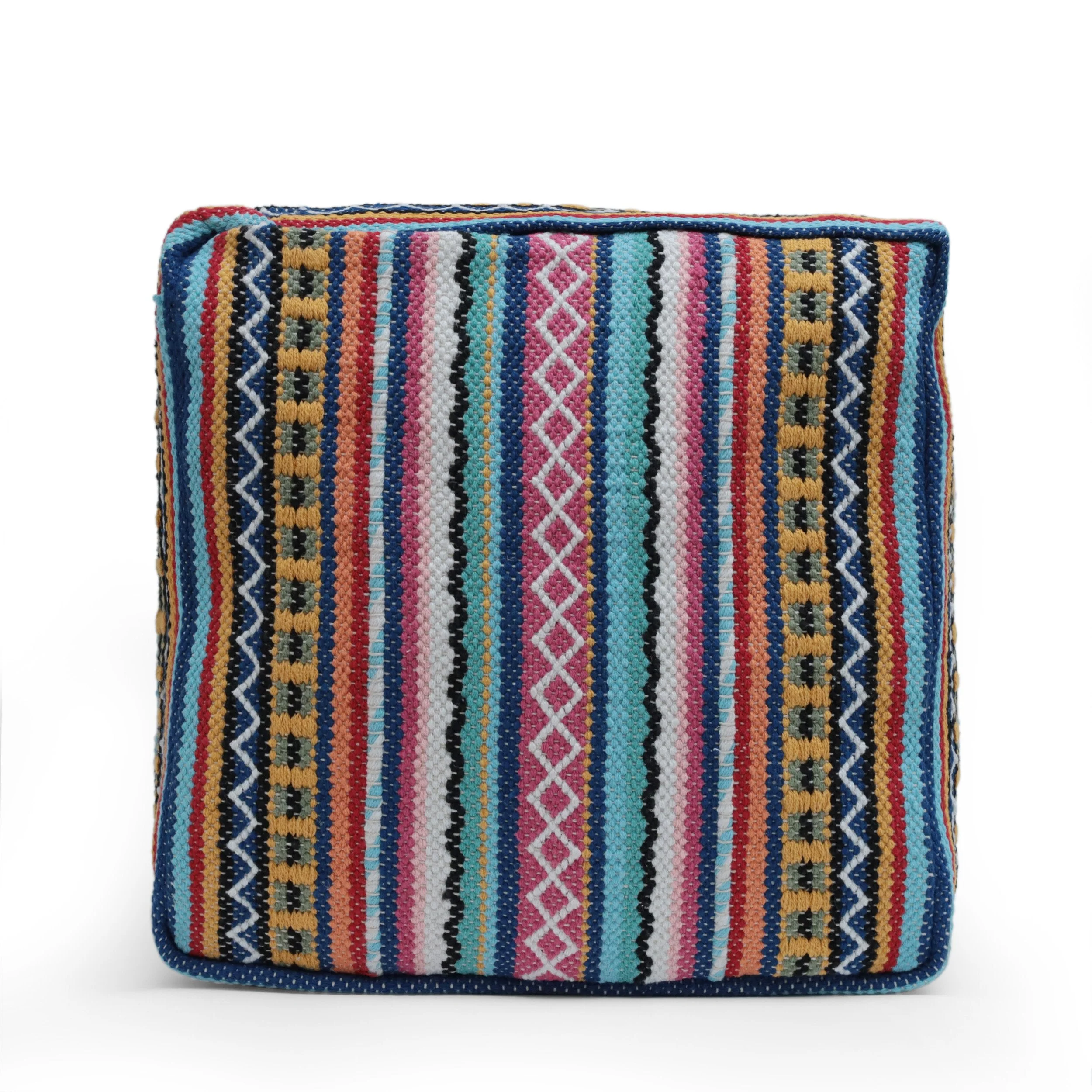 Boho Handcrafted Peruvian Print Cube Pouf - NH615413