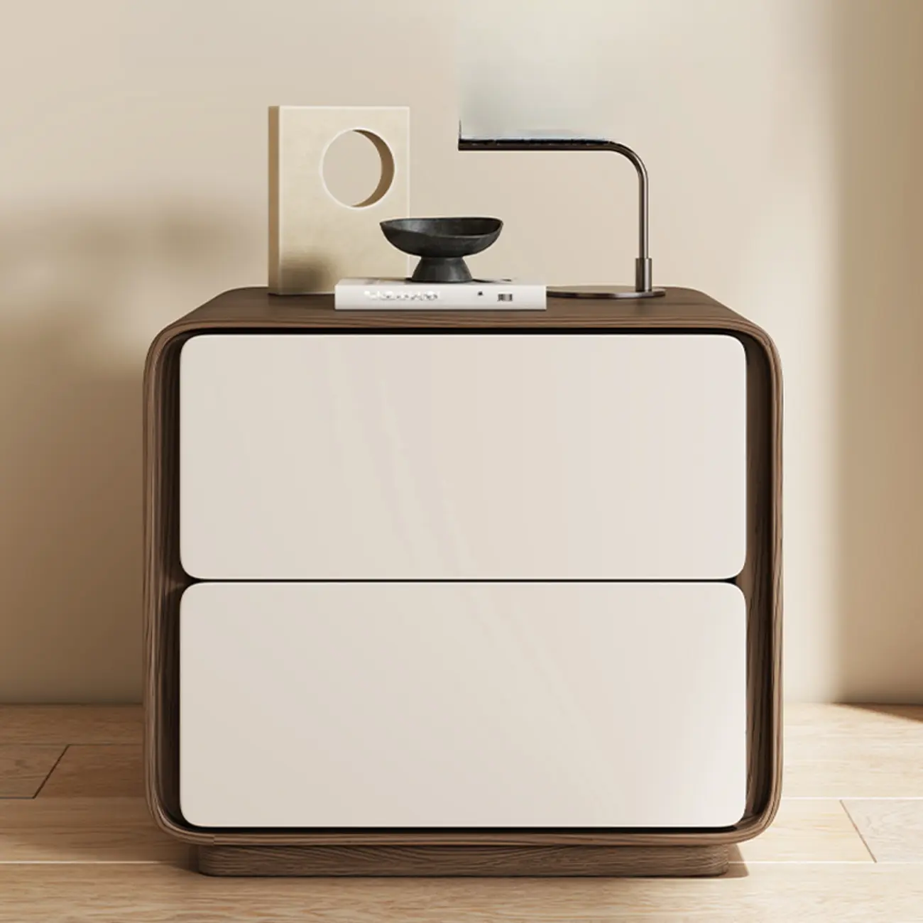 Modern Faux Leather Wood Top 2 Drawers Nightstand