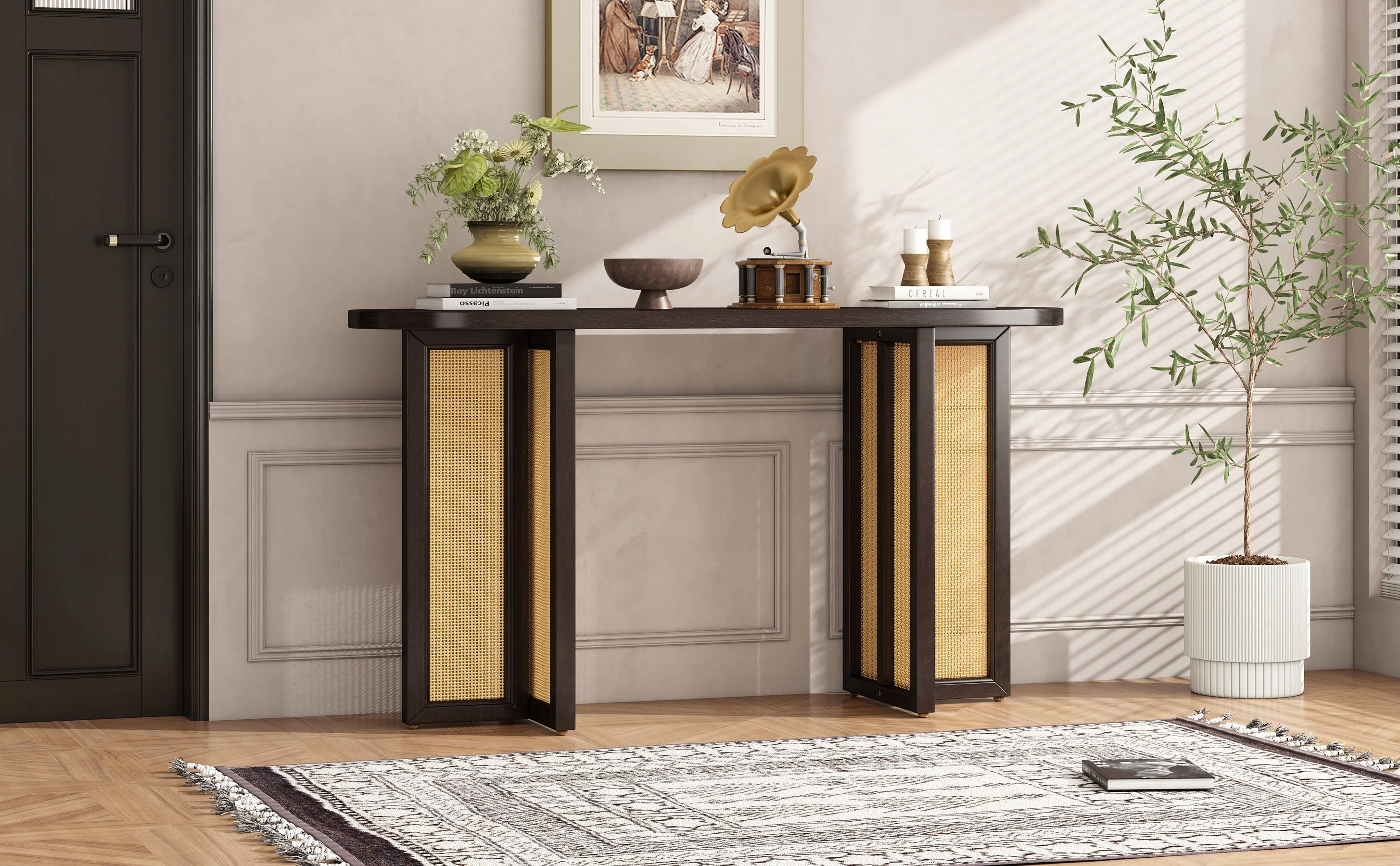 Walker Edison | Farmhouse Rattan Console Table Entryway Table