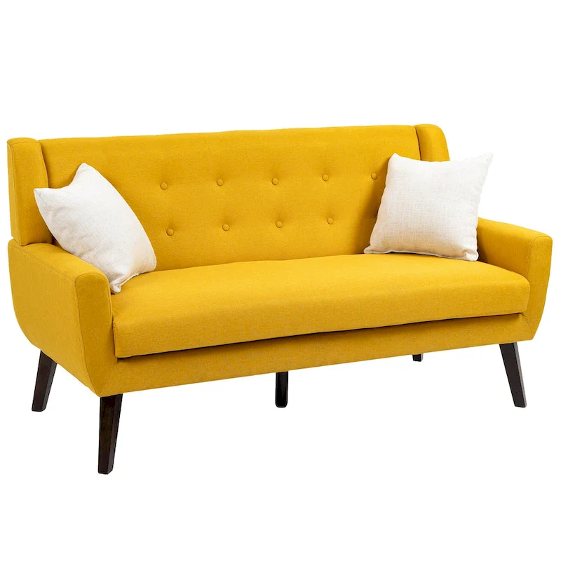 Tufted Linen/Cotton 2-Seater Sofa with Pillows