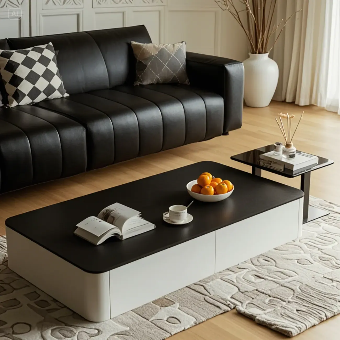 Modern Black Square Coffee Table with Drawers for Living Room