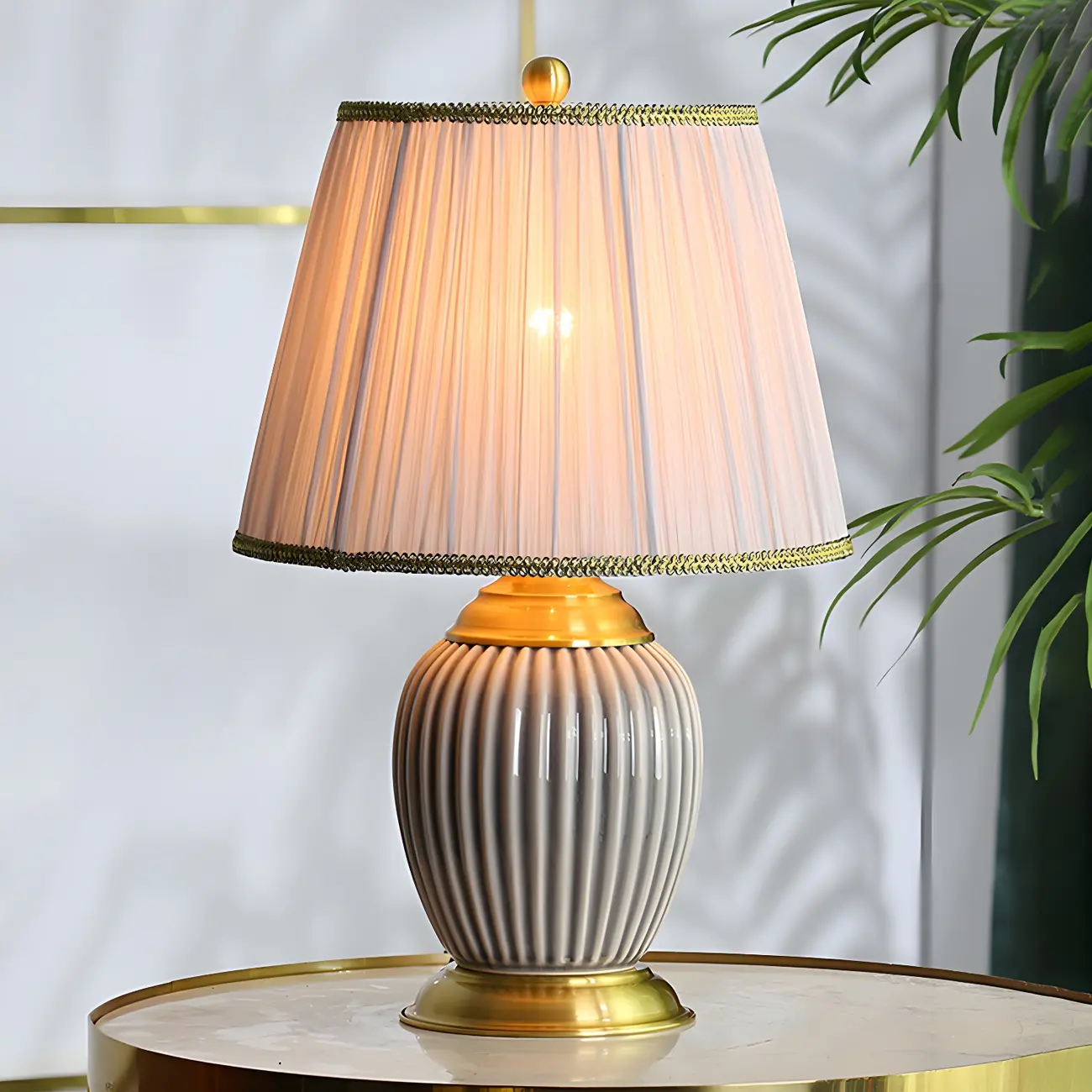 Plug-In Elegant Ceramic LED Table Lamp with Fabric Shade