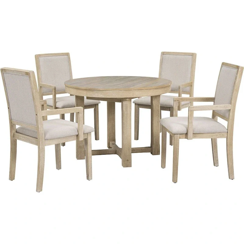Wooden Round Drop Leaf Extendable Dining Table Set with 4 Upholstered Chairs