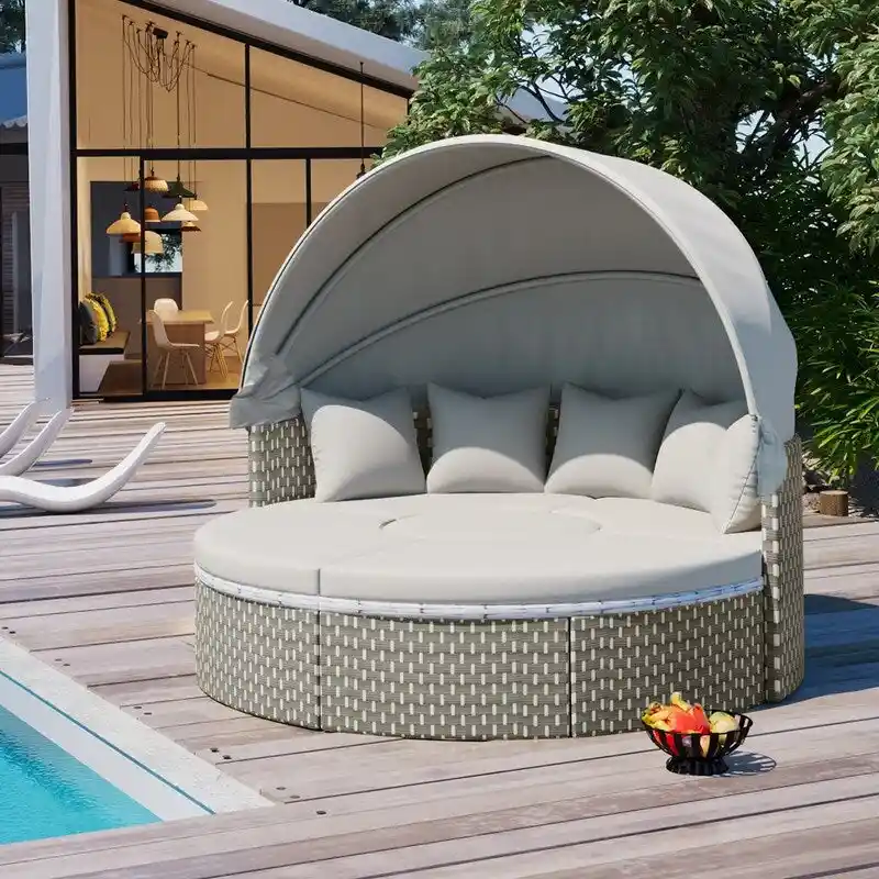 Round Patio Sectional Sofa Set  Two-Tone Rattan Daybed with Retractable Canopy & Modular Seating