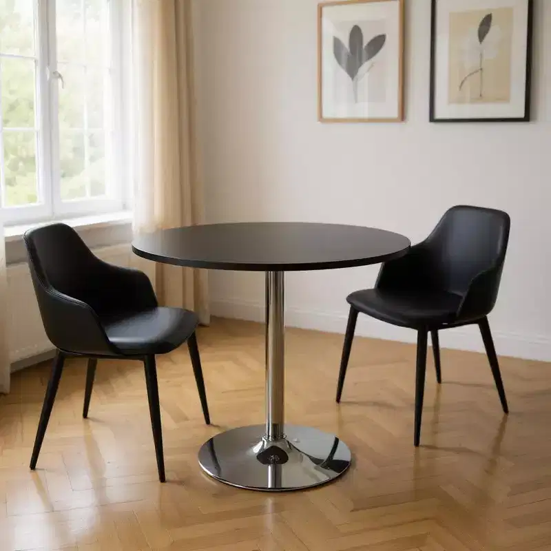 HomeRoots 36 Black and Silver Wood and Metal Pedestal Base Round Top Dining Table