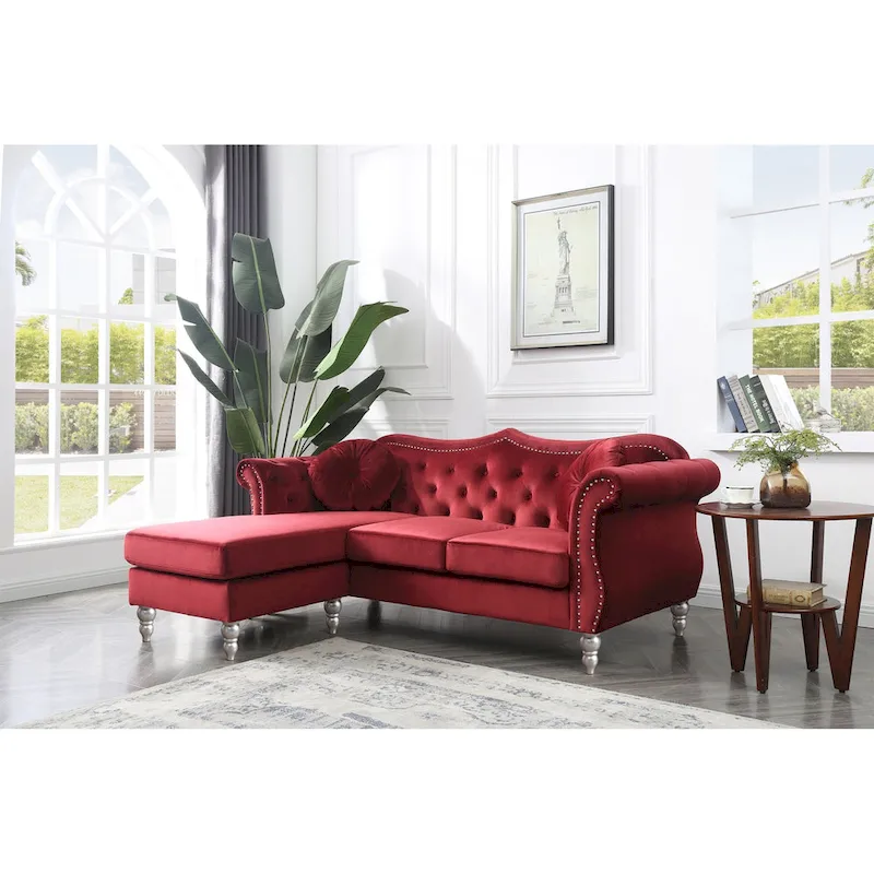 81 in. Velvet Chesterfield Sectional Sofa with 2-Throw Pillow - 81L x 35W x 34H