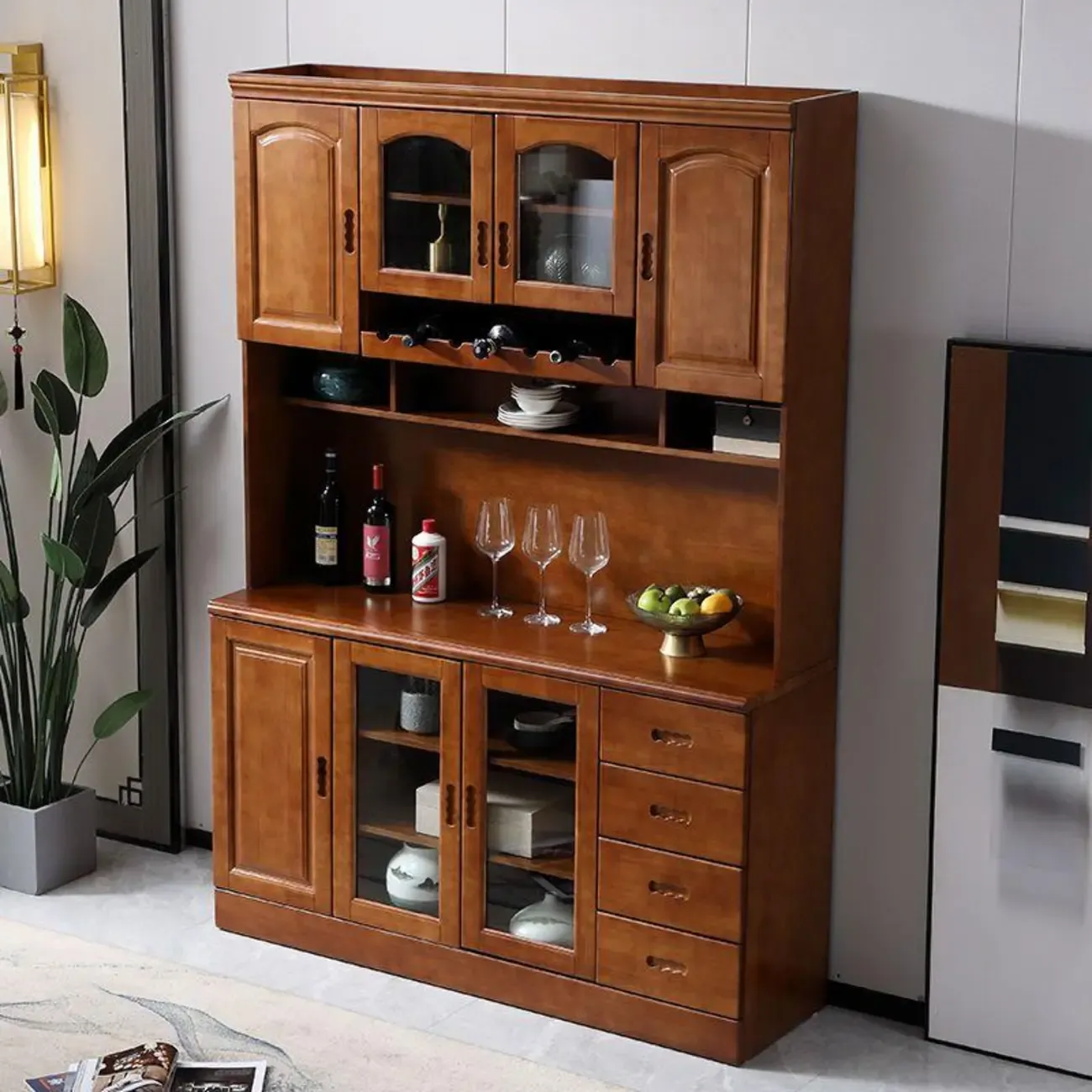 Kitchen Wooden White Cabinet Sideboard Built-in Wine Rack