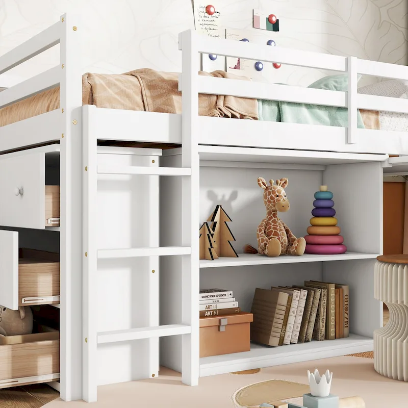 Twin Loft Bed with Pull-Out Desk, 3-Drawer Cabinet & Shelves