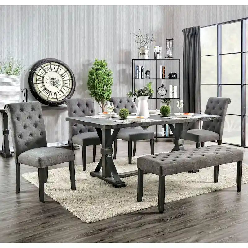 Chalwa Rustic Wood Upholstered 6-Piece Dining Set with Table and 4 Chairs and 1 Bench by Copper Grove