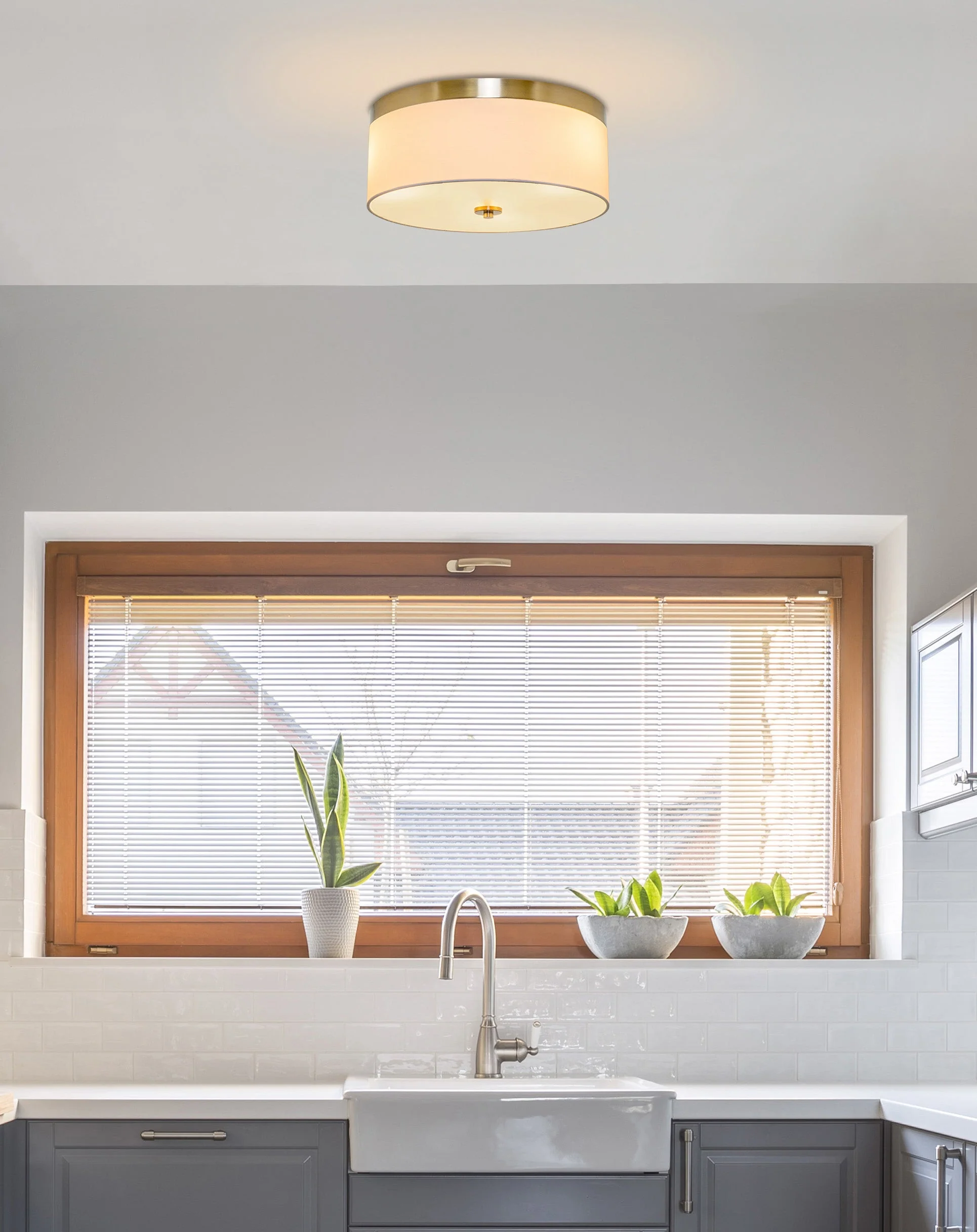 Kira Home Walker 15 Mid-Century Modern 3-Light Flush Mount Ceiling Light, White Fabric Shade + Round Glass Diffuser, Cool Brass Finish