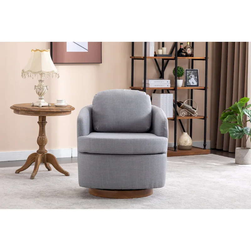 Light Blue Modern 30.3 Upholstered Swivel Accent Chair with Soild Wood Round Brown Base