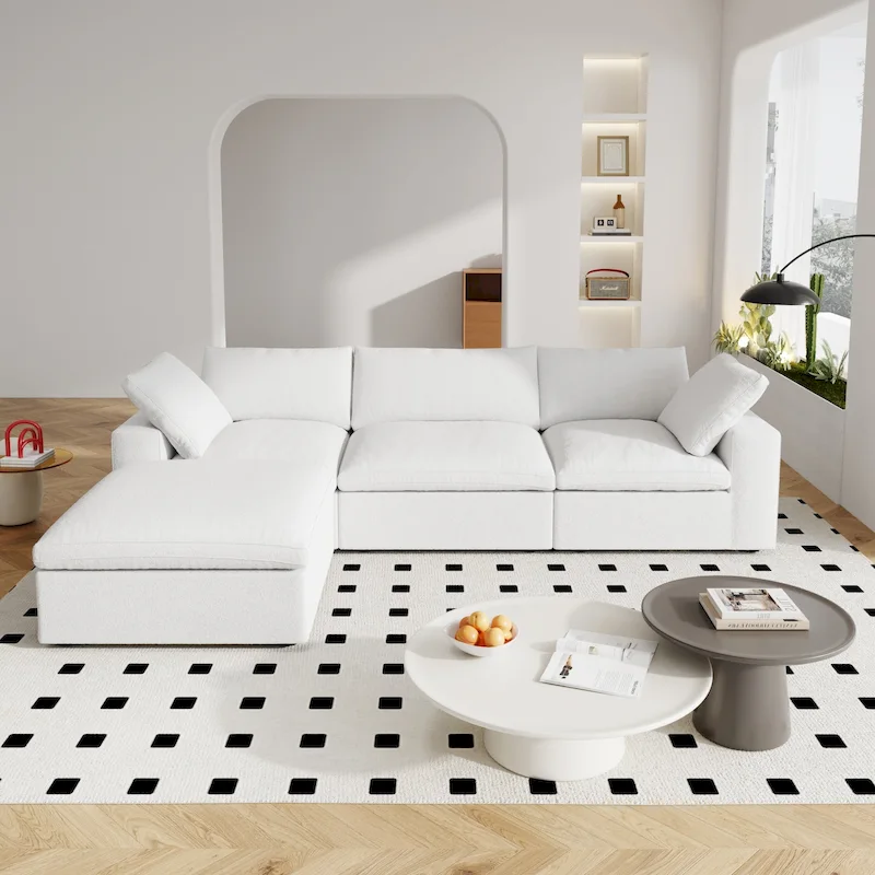 120  L-shaped Modern Sectional Sofa Linen Modular Sofa Couch with Storage Ottoman