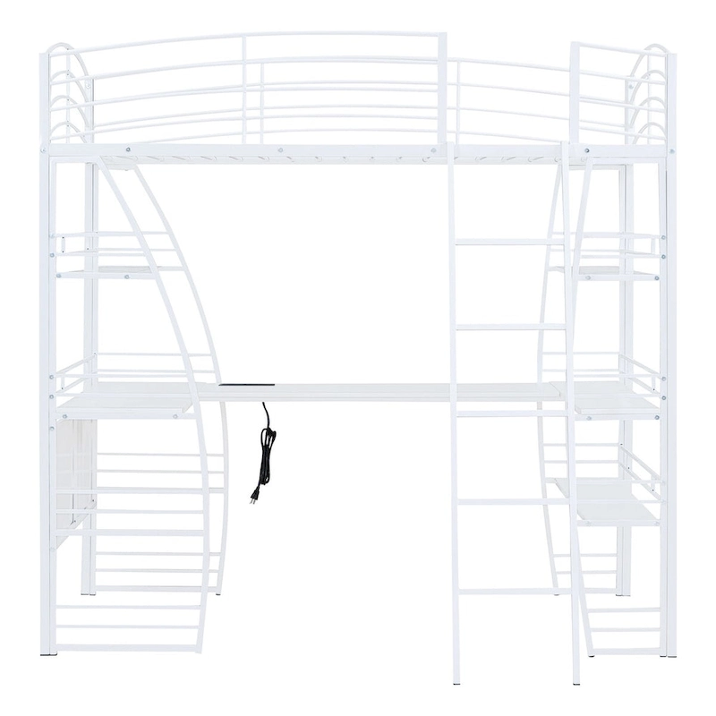 White Metal Loft Bed with 4 Layers of Shelves, L-Shaped Desk, Sockets, USB Ports, Wireless Charging