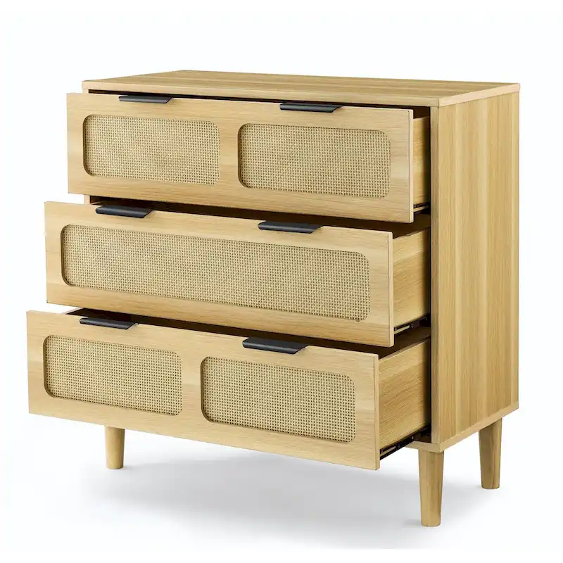 Modern Rattan Dresser Cabinet With Wide Drawers And Metal Handles