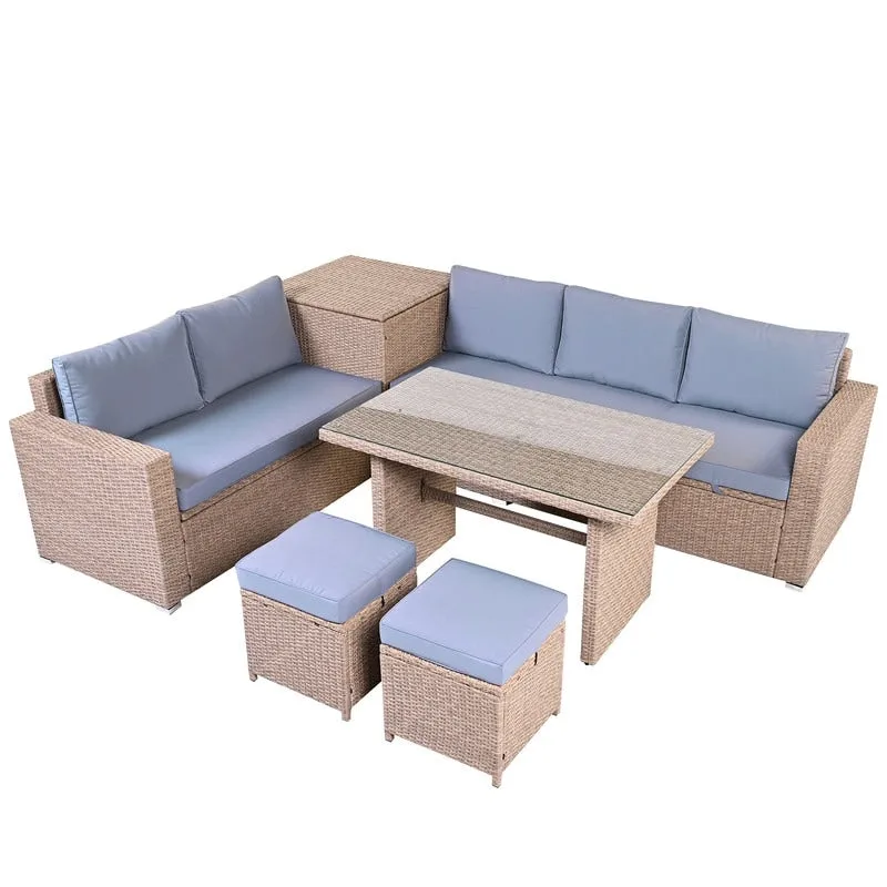 6-Piece All Weather PE Rattan Sofa Set with Adjustable Seat, Storage Box, Removable Covers