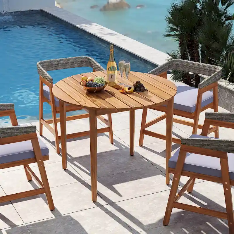 Round Outdoor Dining Table for 4 People 36 inch Acacia Wood - See Details