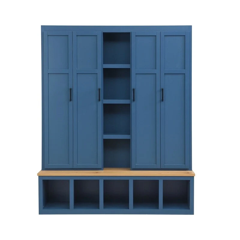 Farmhouse 4-in-1 Hall Tree with Open Display Shelves, Mudroom Shoe Bench with Open Compartments, Entryway Coat Rack with 6 Hooks