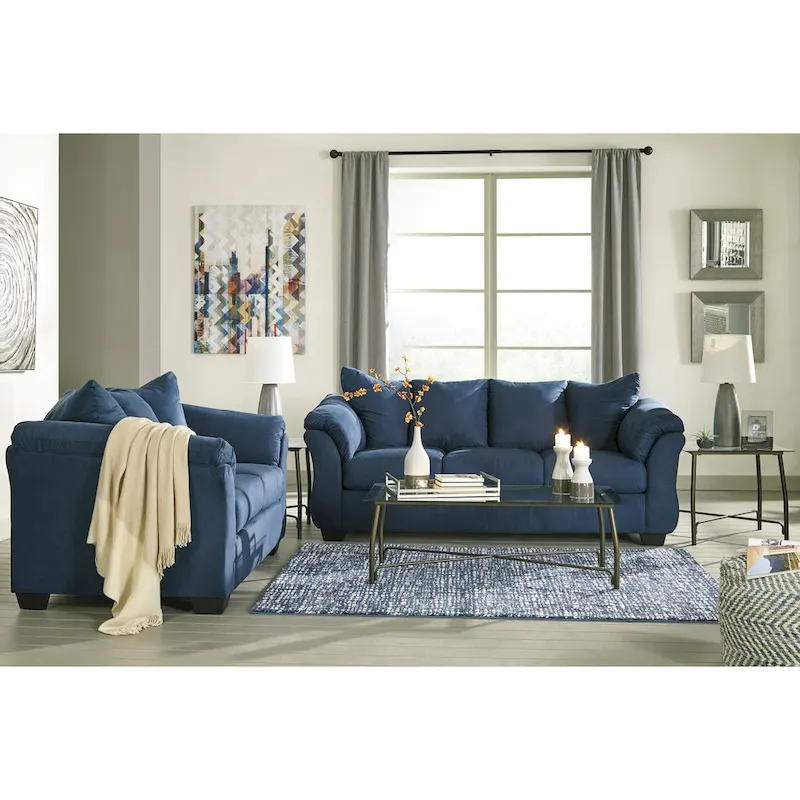 Aruca Navy Blue Microfiber Pillow Back Sofa and Loveseat Set