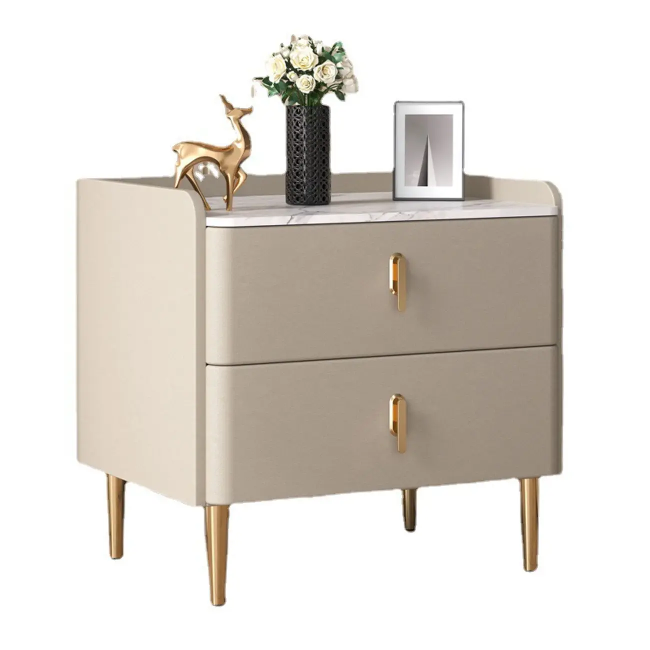 Modern Stone Top Leather Drawers Nightstand with Golden Legs