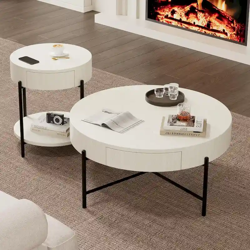 Round Coffee Table with with Two Drawers - Natural