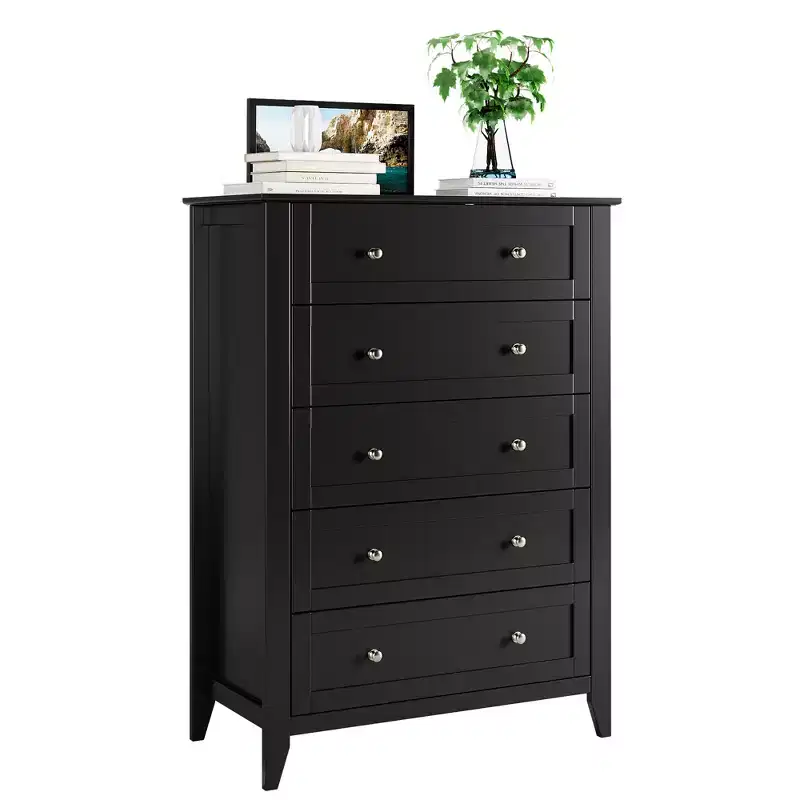 5 Drawer Dresser for Bedroom, Black Tall Wooden Dresser with Deep Storage Drawers & Metal Knobs, Modern Chest of Drawers for Bedroom, Entryway