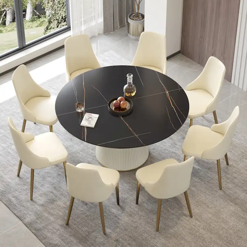 Round PU Pedestal Dining Table Faux Marble Dining Table
