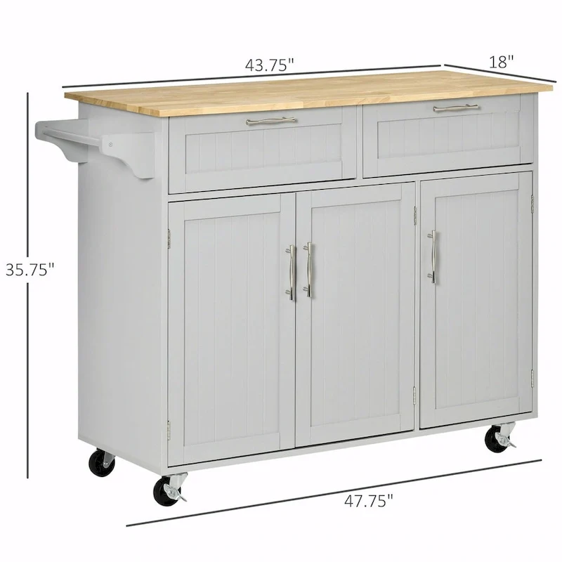 Mobile Kitchen Island with Wood Top, Drawers, Cabinets, Adjustable Shelves, and Towel Rack