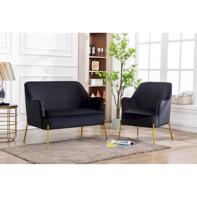 Kyler Loveseat Couch Sofa, Velvet Upholstery, Gold Chrome Legs