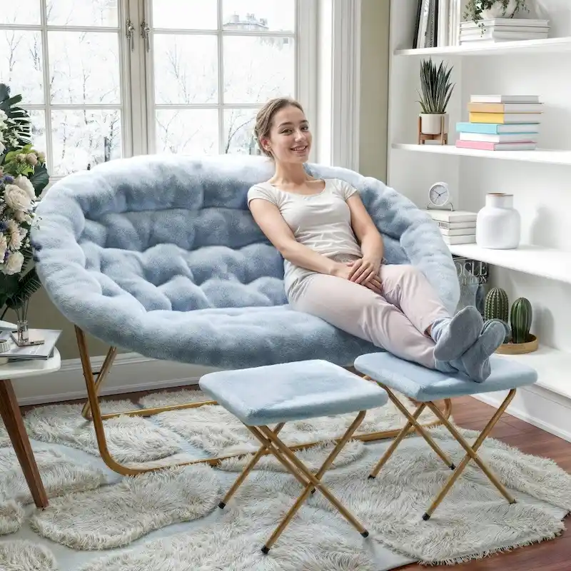 Double Folding Synthetic Fur Saucer Chair with 2 Ottomans