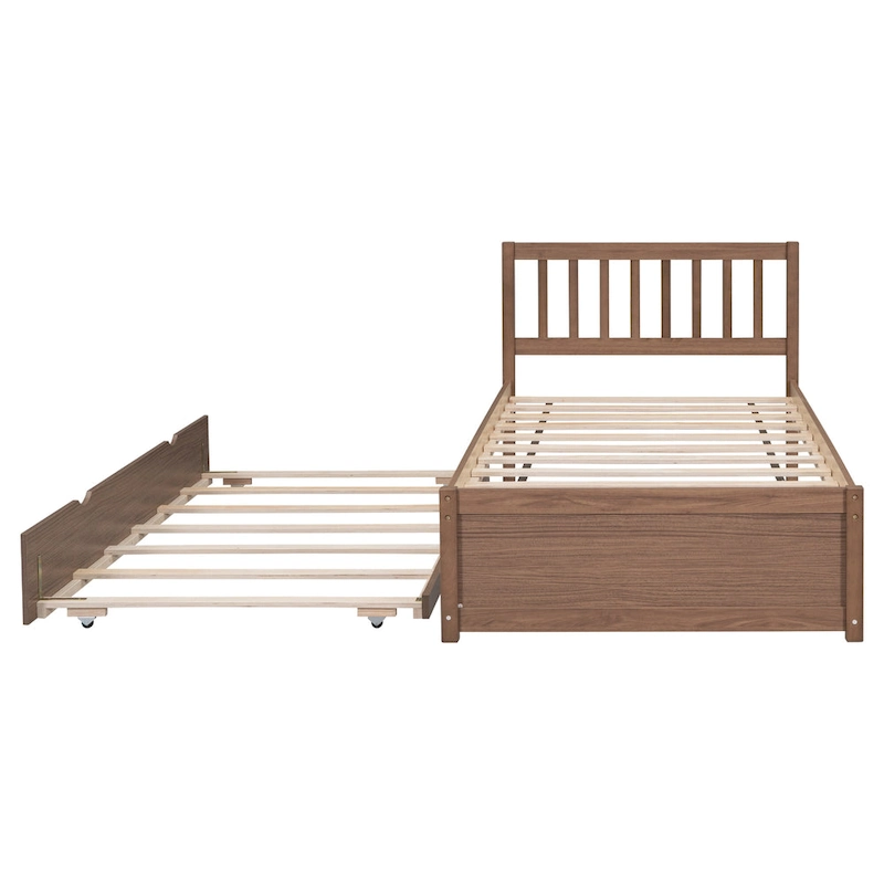 Brown Walnut Twin Bed with Trundle and Fence Headboard