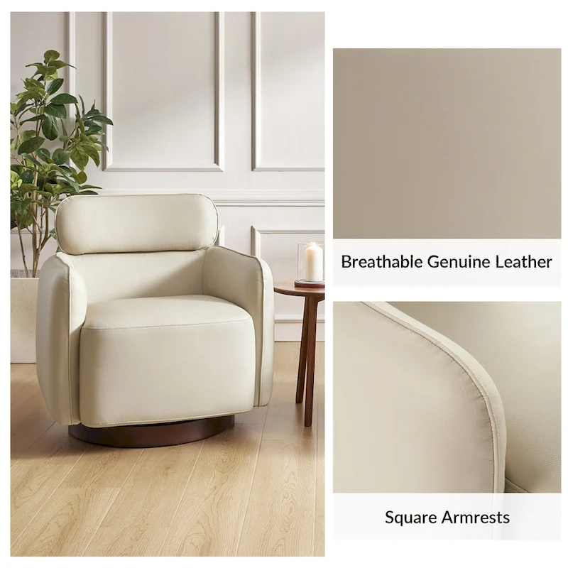 Raphael Modern Swivel Genuine Leather Barrel Chair