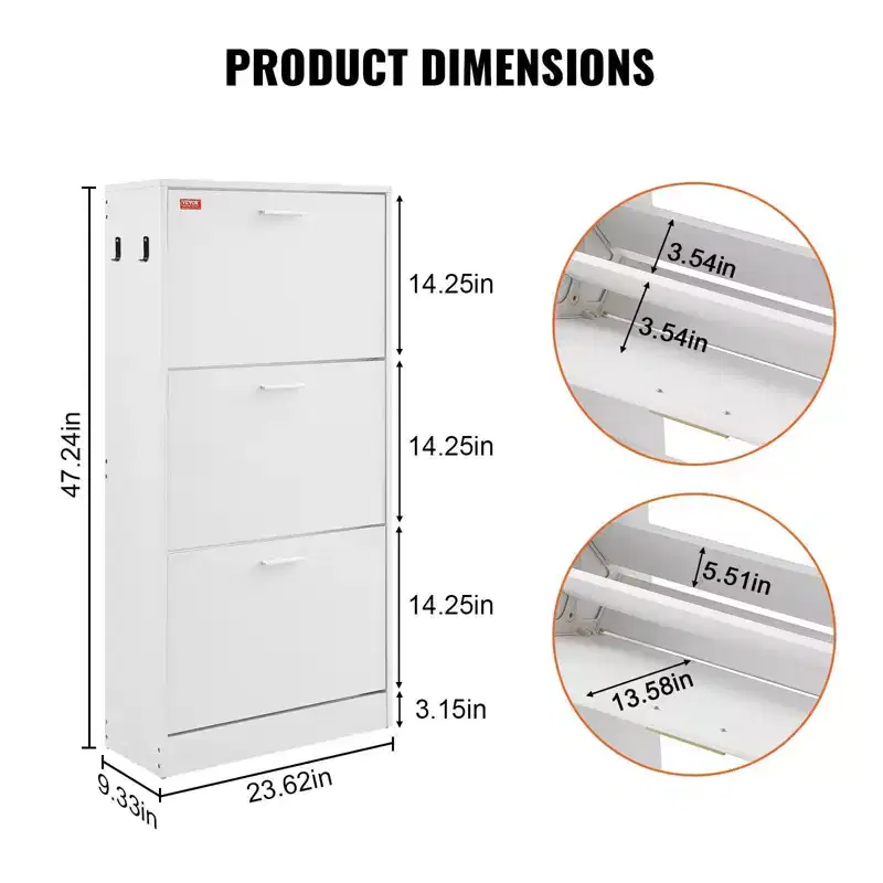 3-Flip Drawer Shoe Cabinet with Side Hooks – White, Freestanding, Holds 15 Pairs
