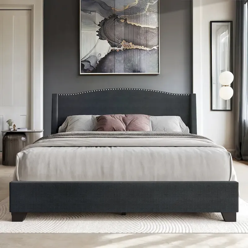 Elegant Chrome Nailhead Wingback Upholstered Bed with Drawers