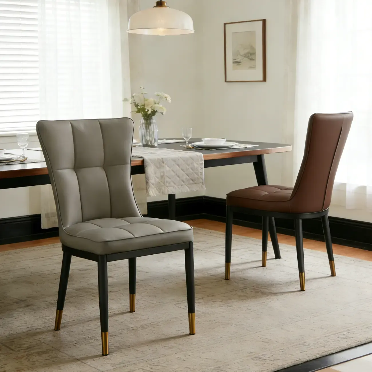 Armless Grey Tufted Leather High Back Dining Chair
