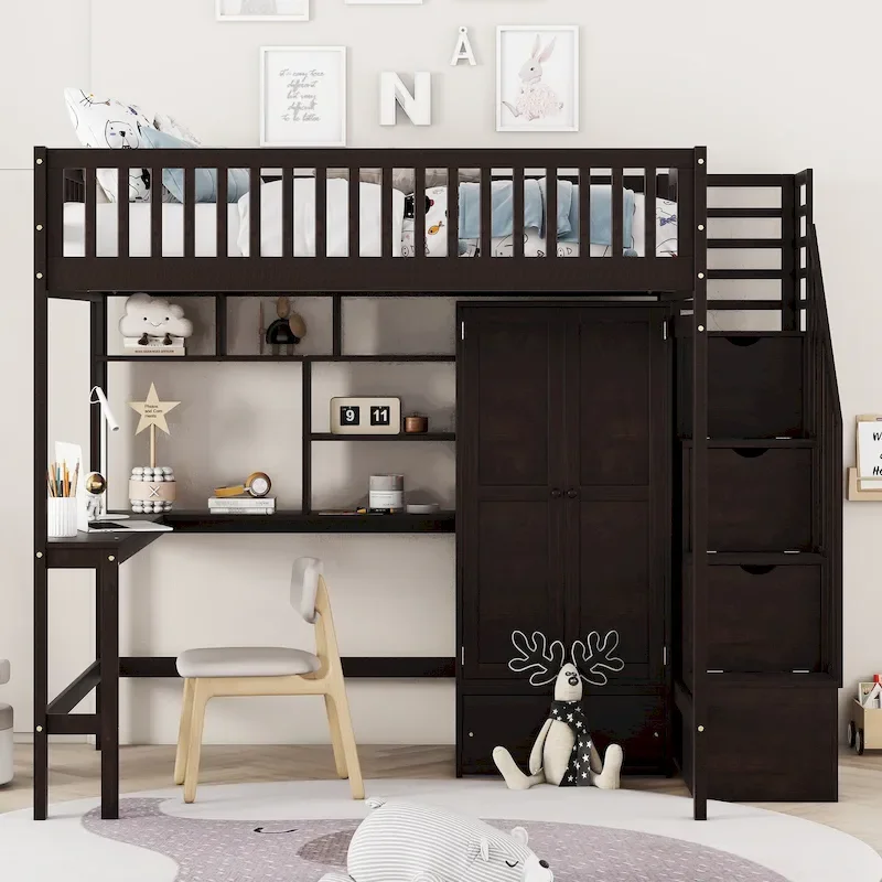 Nordic Creative Full Size Wood Loft Bed with Bookshelf, Drawers, Desk and Wardrobe Storage Bed Frame for Kids Teens Adults
