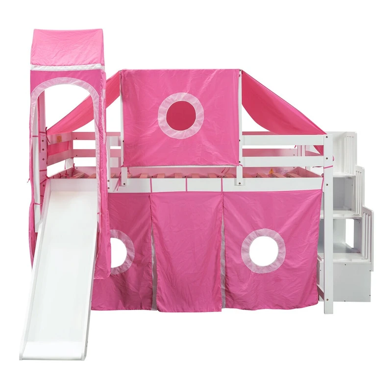 Pink Full Size Pine Wood Loft Bed with Storage Staircase, Slide, Tent, Tower, Guardrail