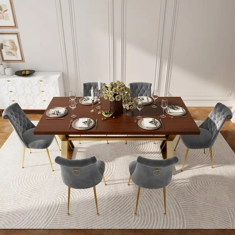 7-Piece Clihome Walut Wood Dining Table with Velvet Chair Dining Chair