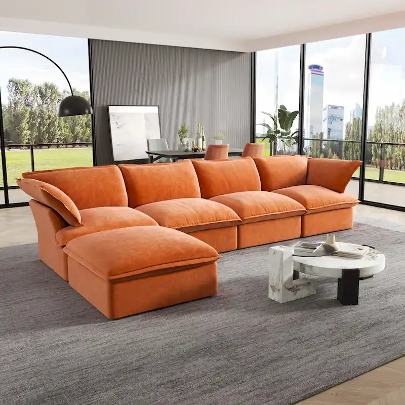 Cloud Sectional Sofa, 5-Seater Down Feather Modular Sofa L-shaped Velvet Wide Deep Seat Convertible Couch.