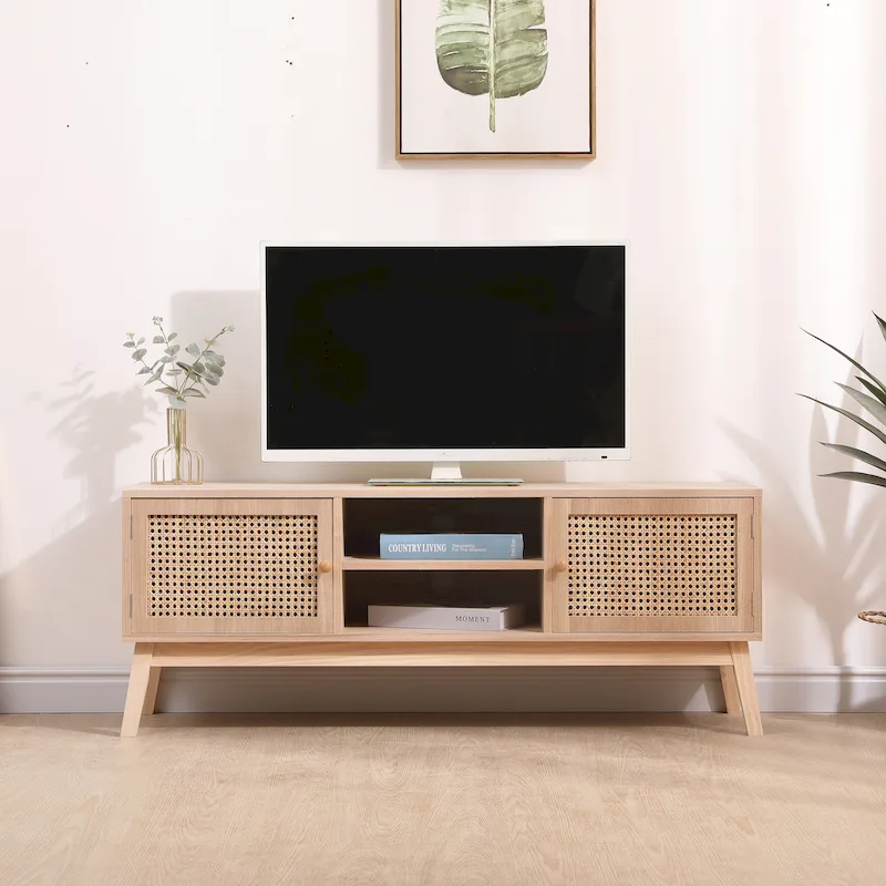 Boho TV Stand for 55 Inch TV, Entertainment Center with Adjustable Shelf