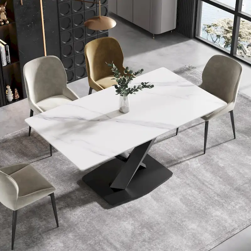 63Modern Dining Table, White Sintered Stone Tabletop Dining Table with Moran Violet Steel Base - N/A