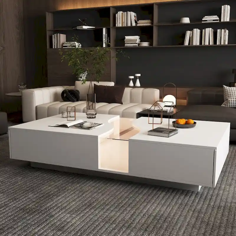 Luminous Chic: White Dual-Drawer Coffee Table with LED Display Top