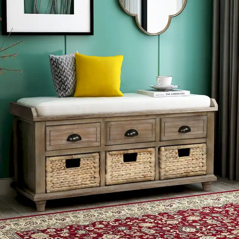 TREXM Rustic Storage Bench with Drawers and Rattan Baskets