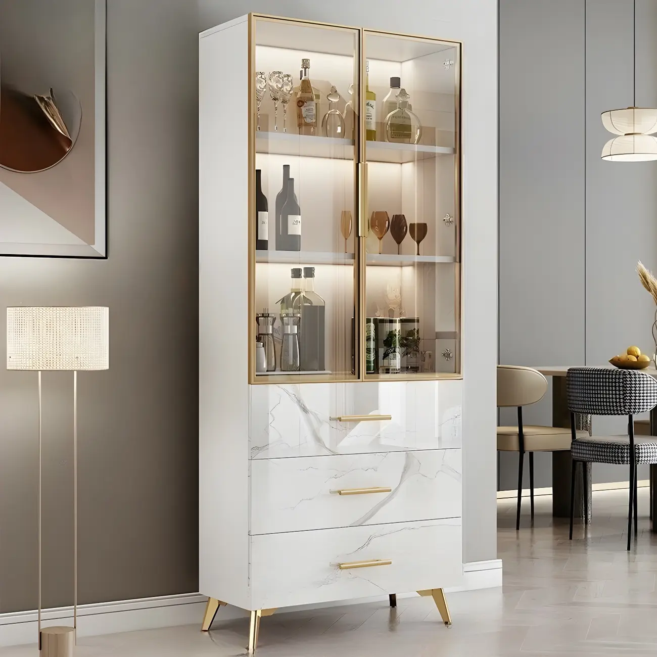 Modern Gold White Marble-Textured Wood Glass Versatile Cabinet