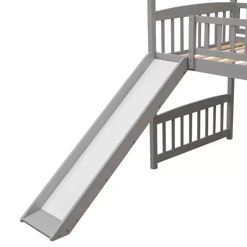 Twin House Loft Bed with Slide, Wood Playhouse Loft Bed Frame with Ladder and Roof