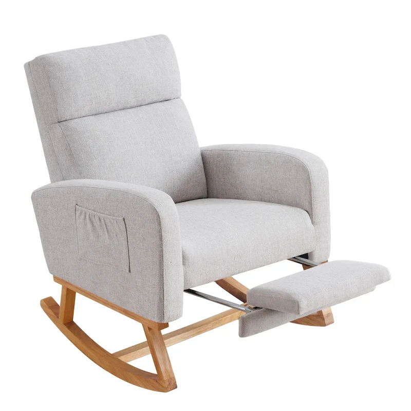 Linen Rocking Chair with Footrest and Side Pocket