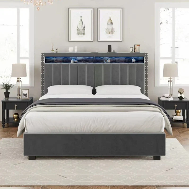 Queen Size Gas Lift Storage Bed with RF LED Lights, Storage Headboard, Queen Size Velvet