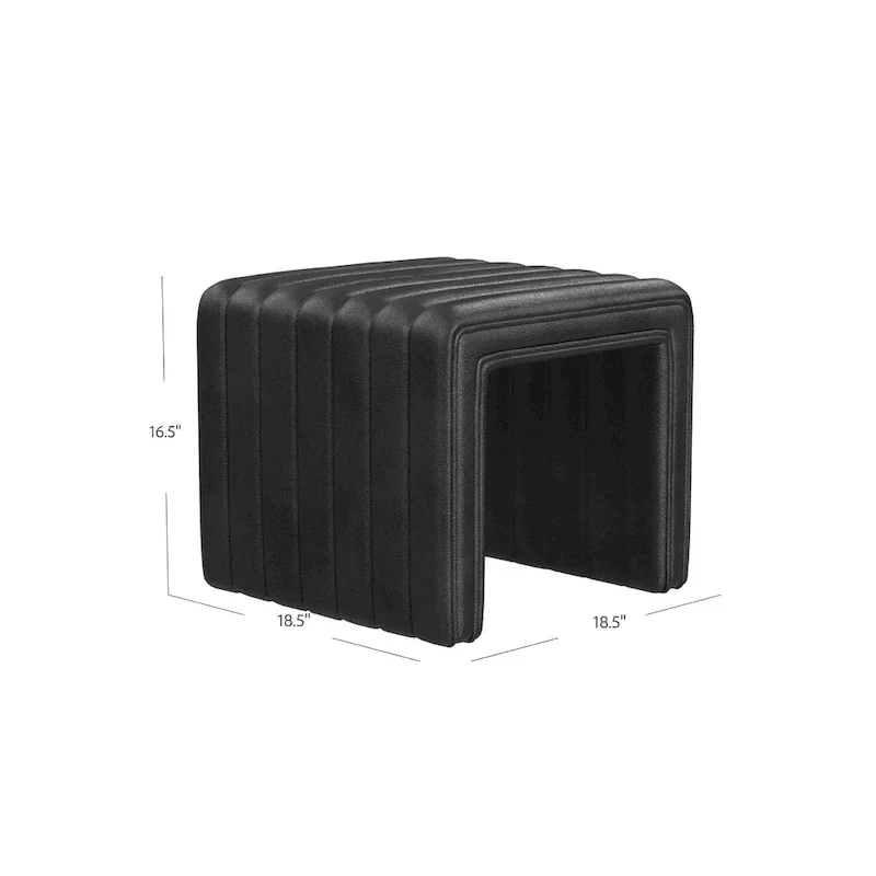 Ada Footstool Ottoman, Channel Tufted Black Faux Leather, 19 Inch